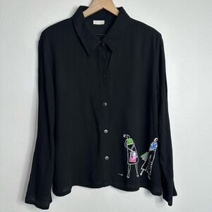 Vintage 90s Sz Black Button Up with Painted Shopping Ladies by Cité